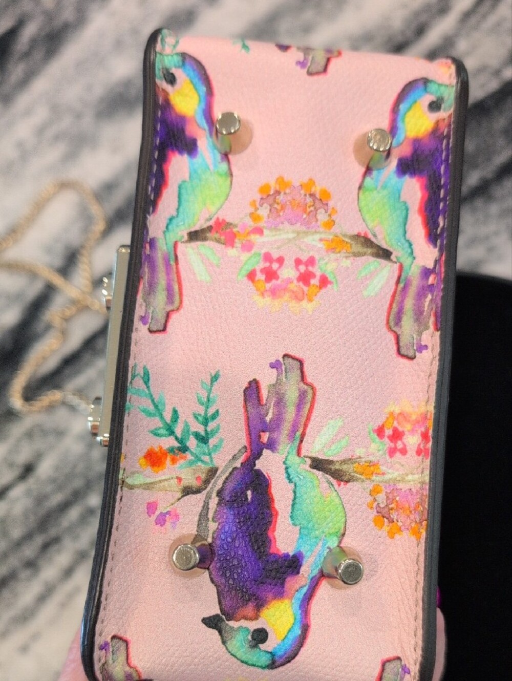 Furla Pink Watercolor Bird Mini Crossbody with Gold Chain - Picture 8 of 11